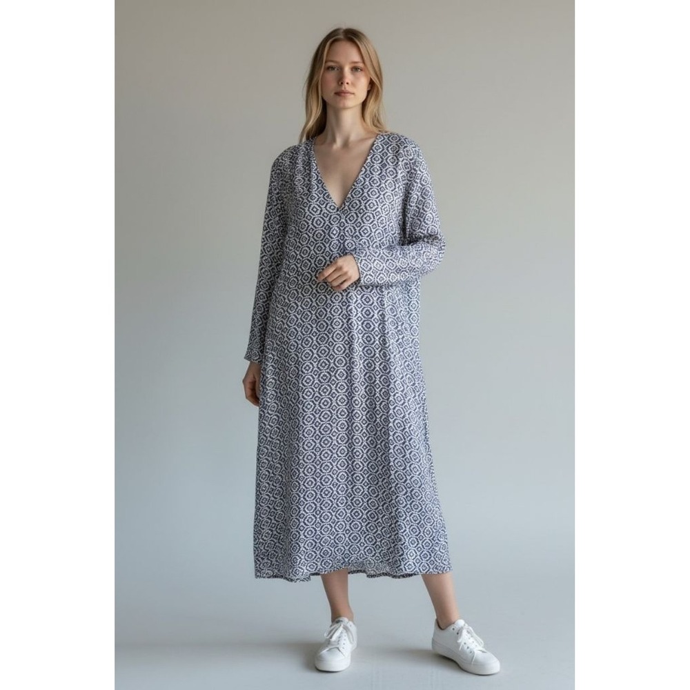 MARINA RINALDI NWOT V-Neck Long Sleeve Floral Print Midi Dress Navy White 10